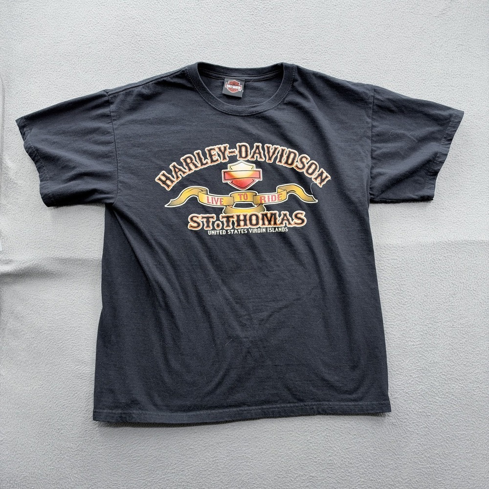 Harley-Davidson Shirt Mens Large Black St Thomas Pirate Skull Double Sided Tee